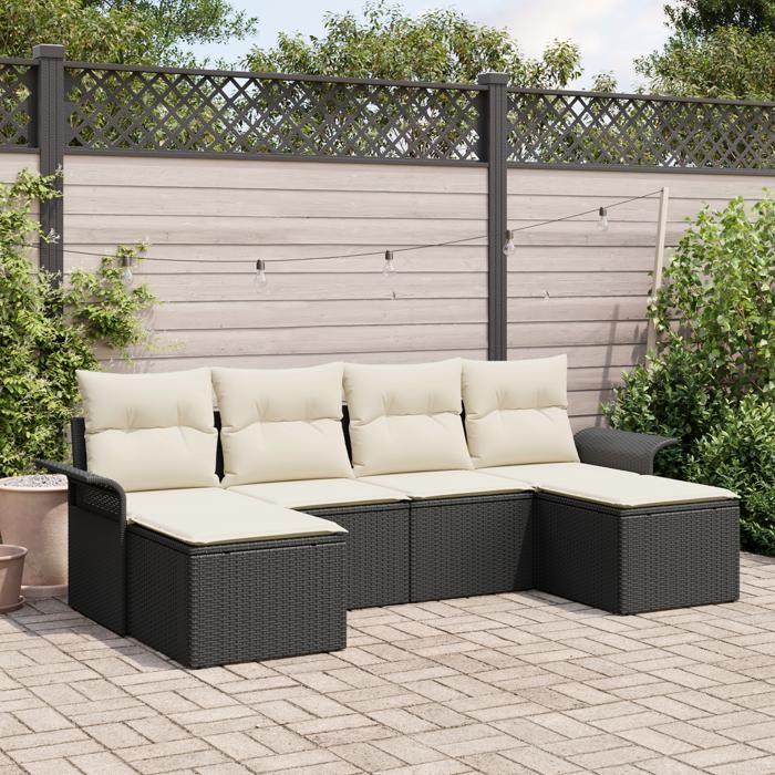 Ensemble de 6 pièces de canapés de jardin avec coussins Noir Poly Rotin, Canapé de jardin 2 places avec rangement 3354136
