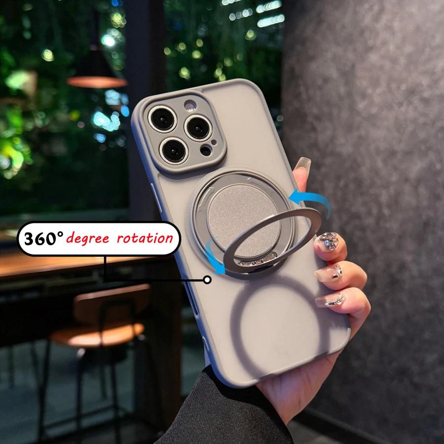 For Magsafe Metal Ring Holder Magnetic Case for iPhone 16 17 15 14 Plus 13 11 12 Pro Max Hardware Kickstand Silicone Cover Funda