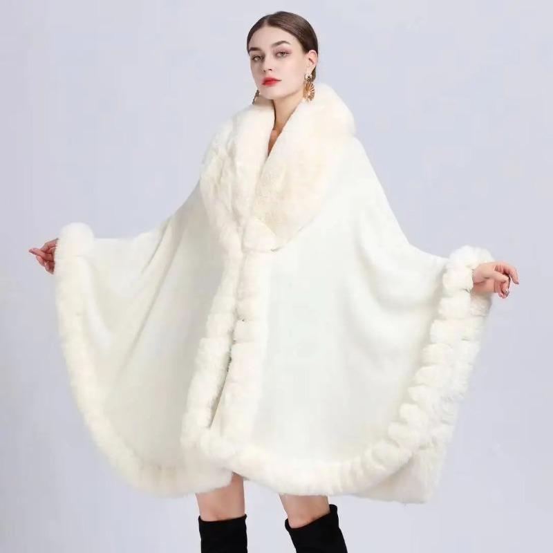 Cape en Fourrure Femme Vêtements d'Hiver Ponchos Épais et Chauds Châle Shawl Manteau Cardigan Longs Amples Manteaux