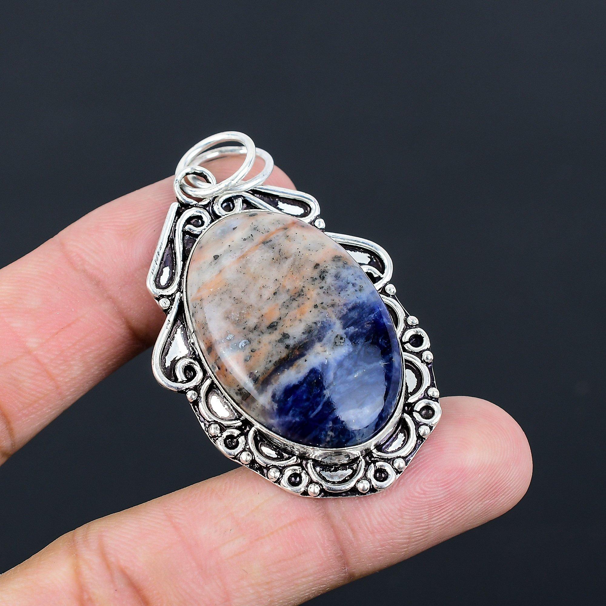 Sterling Silver Oval Natural Sodalite Daughter Bezel Engagement Pendant Jewelry