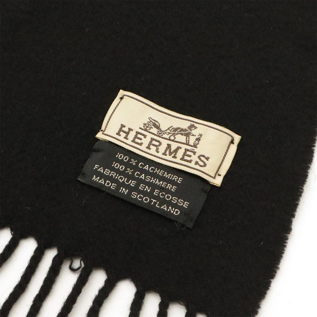 Used HERMES scarf stole fringe logo embroidery 100% cashmere black
