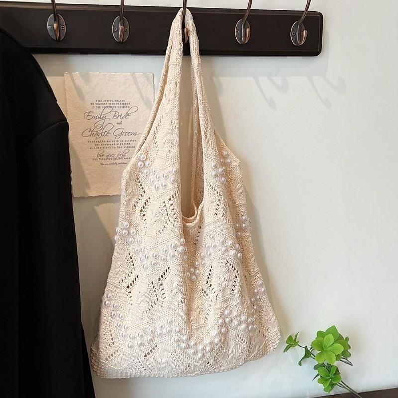 2026 New Casual Minimalist Knit Shoulder Bag for Women Large Capacity Commute Fashion Pearl Tote Bucket Bag