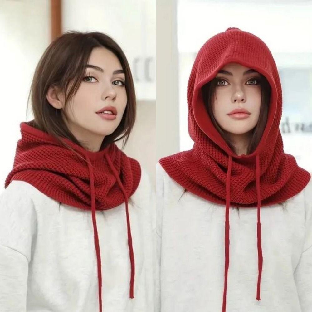 Warm Drawstring Balaclavas Hat Solid Color Winter Neckerchief Drawstring Knitted Hat Streetwear