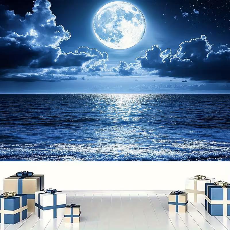 2D Vollmond Meer Wandteppich, Ästhetische Blaue Ozean Wanddekoration