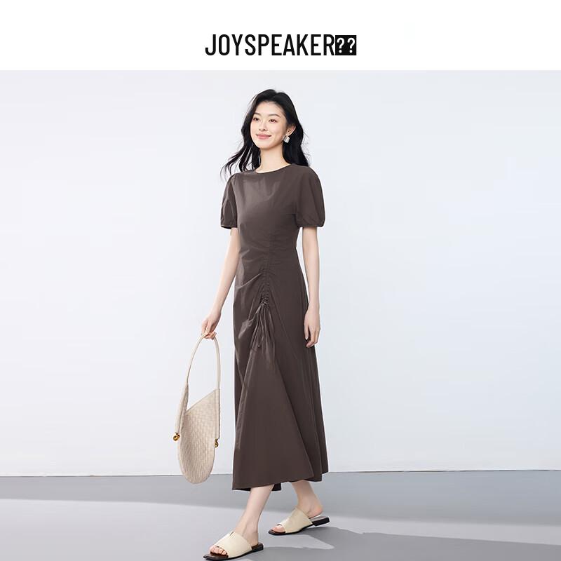 JOY SPEAKER Women's 2025 Summer Round Neck Pleated Waist Midi Dress