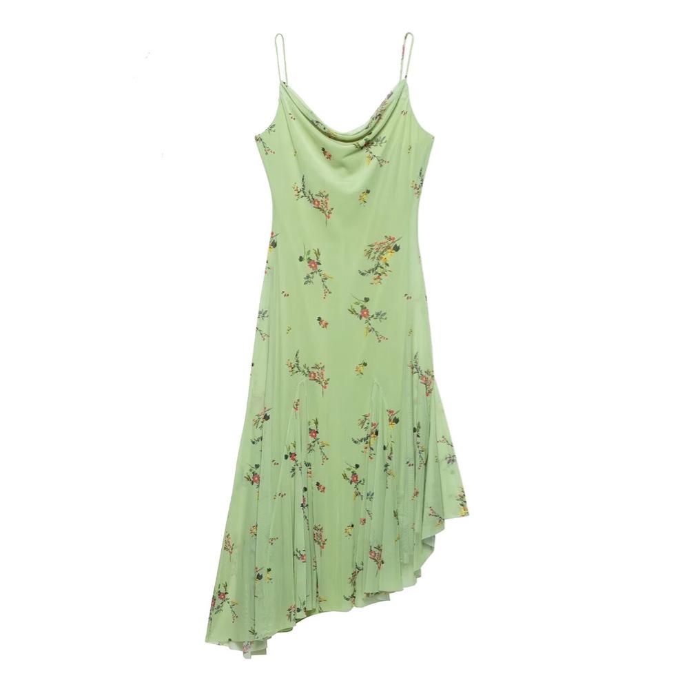 

2025 Spring/Summer Women s Slim Fit Casual Printed Silk Mesh Midi Dress S