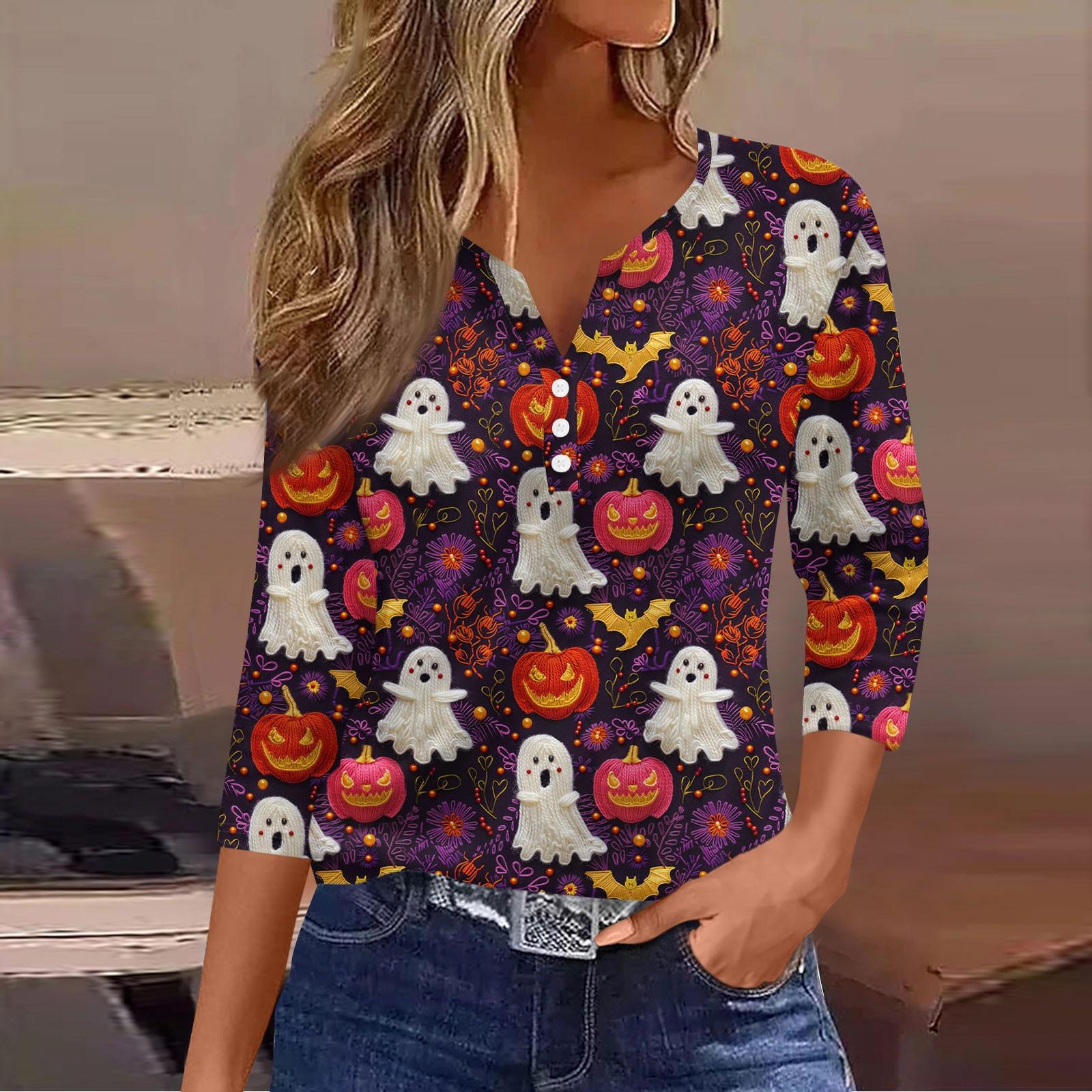 

Женские топы с рукавом 3/4, с принтом на Хэллоуин, винтажная мода, повседневные, свободные, с V-образным вырезом, больших размеров M тёмно-синий