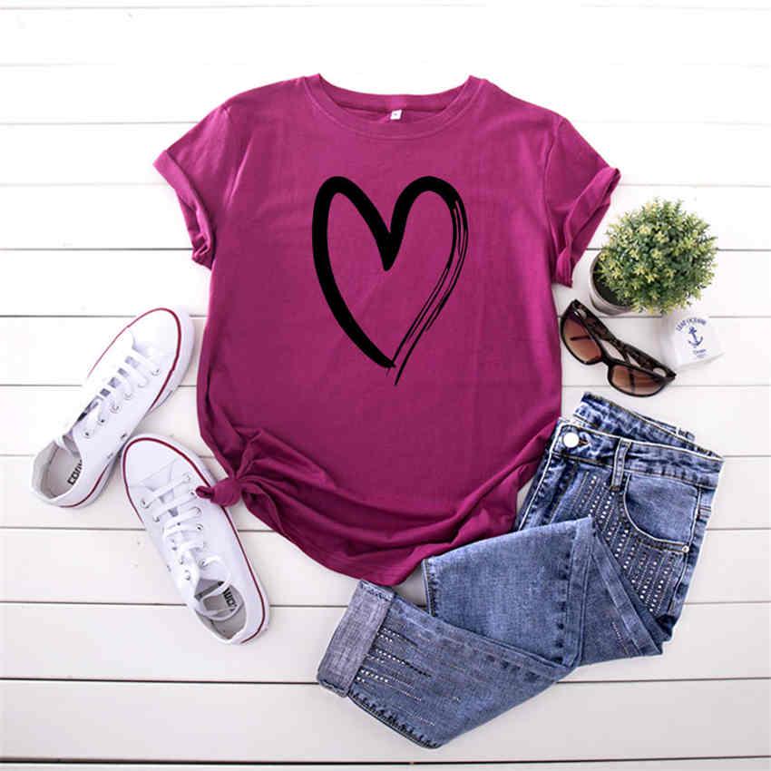 Fashion Female's Heart Pattern Print O-Neck T-shirt Short Sleeve Casual Cotton Tops