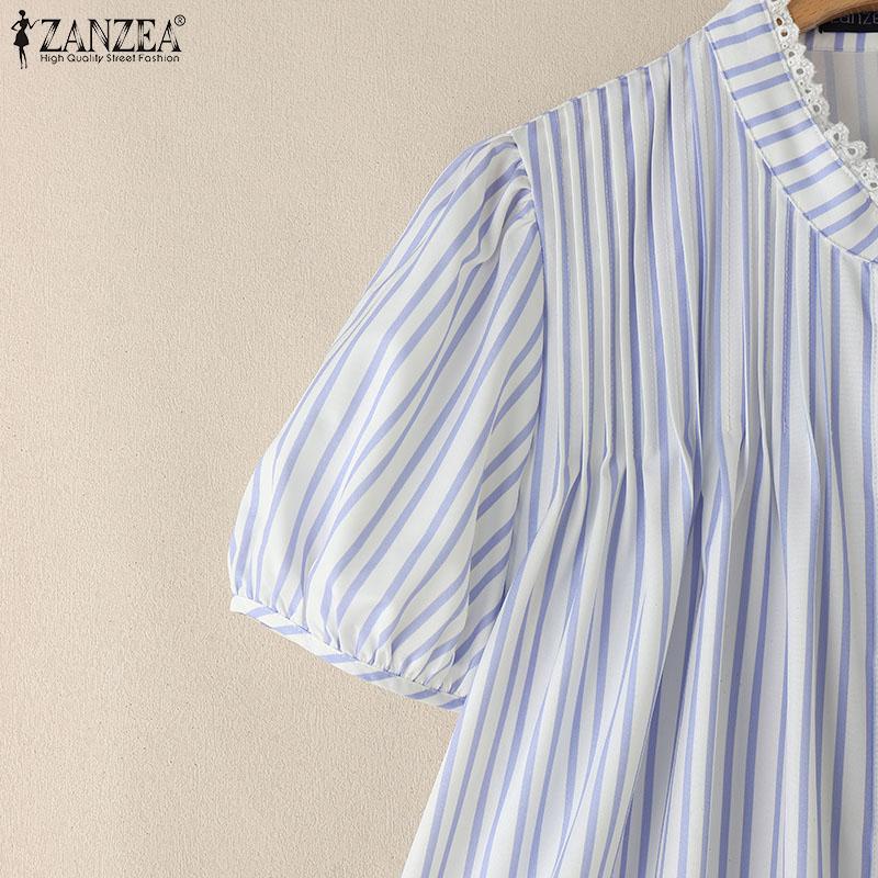 ZANZEA Women Casual Turn Down Collar Short Sleeve Lace Splice Stripe Blouse