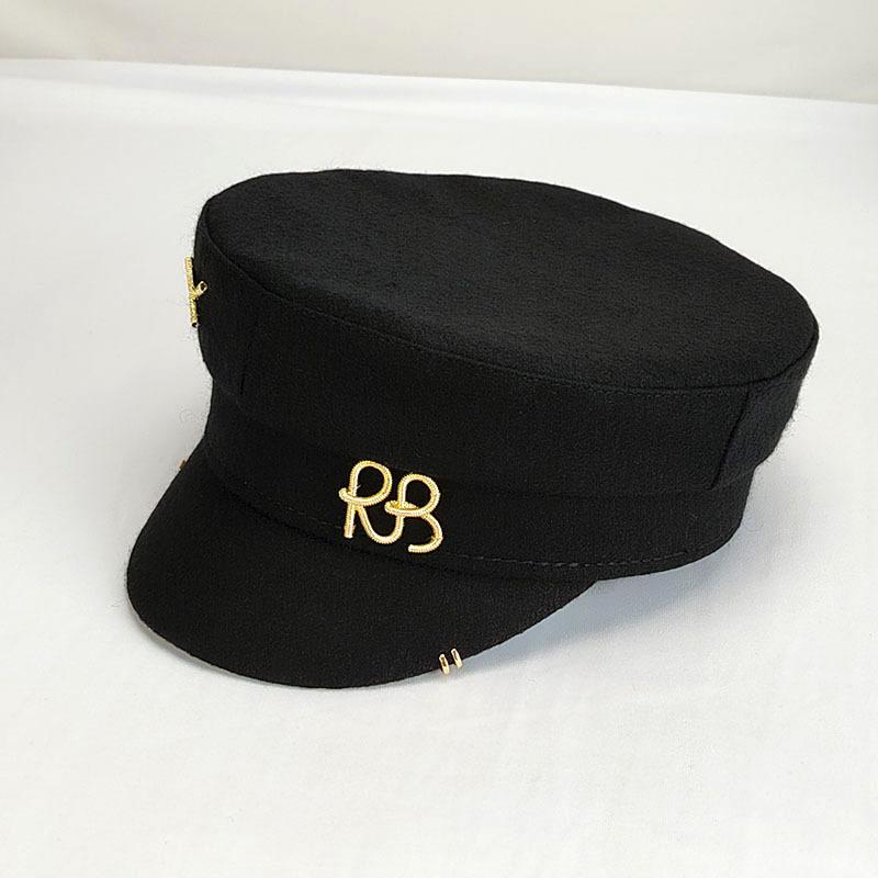 Zealous Sole Women's Black Designer Brand Earring Woolen Militray Hat Metal Letter Rb Newsboy Caps Flat Top Cap Fashion Streetwear Navy Hat