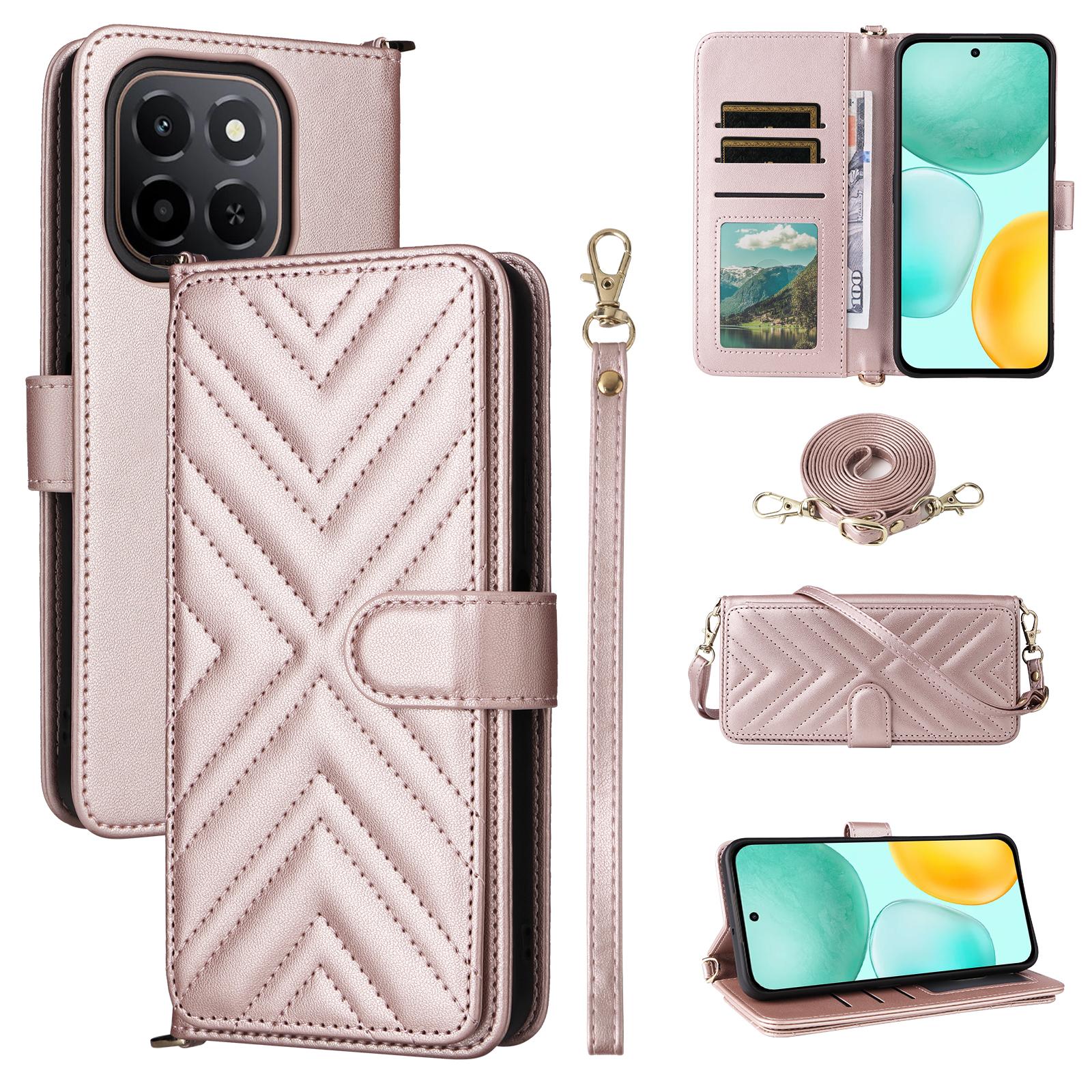 

For Honor X6c 4G Case with Shoulder/Wrist Strap Leather Phone Cover Stand Wallet Pink