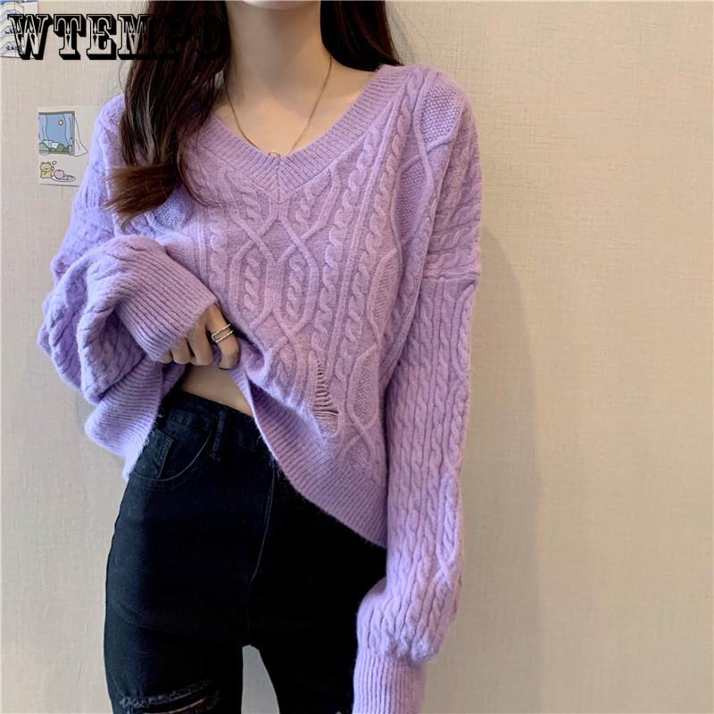 WTEMPO V-neck Cropped Pullover Sweater Women Simple Twist Sweaters For Women Solid Color Basic Long Sleeve Autumn Clothes