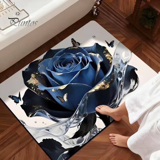 Realistic Rose Bathroom Rug 3D Floor Mat Flower Pattern Non-Slip Bath Anti-slip And Butterflies for Entrance Bedroom Living Room Butterfly Design