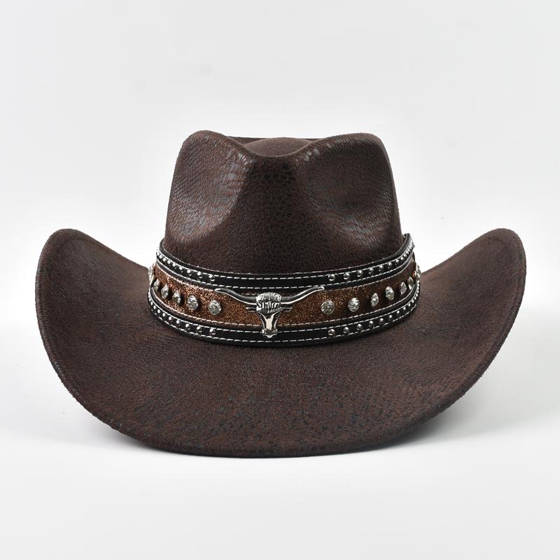 Fashion Cow Head Decorate Western Cowboy Hat Faux Leather Vintage Gentleman Jazz Hats for Men Panama Cowgirl Hat