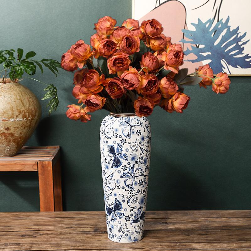 35CM Blue and White Porcelain Vase: Chinese-Style Ceramic Flower Container for Hydroponic Bamboo or Living Room Décor.