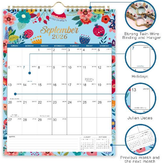 2026 Calendar - JAN 2026 - DEC 2026 Wall Calendar, 12 Month Wall Calendar 2026, 8.5" X 11", Twin-Wire Binding + Hanging Hook + Large Blocks with