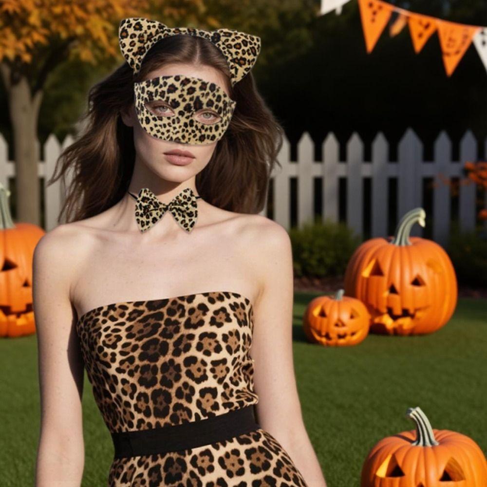 3 Stück/Set Kreatives Halloween-Masken-Stirnband-Set Leopard Halbgesichtsmaske Cosplay-Requisiten