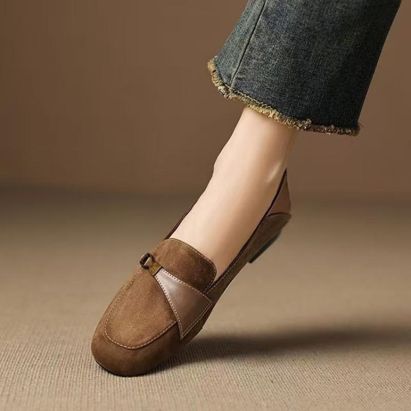 British Style Suede Square Toe Loafers Metal Decor Low Heel Pumps Versatile Retro Office Shoes for Women