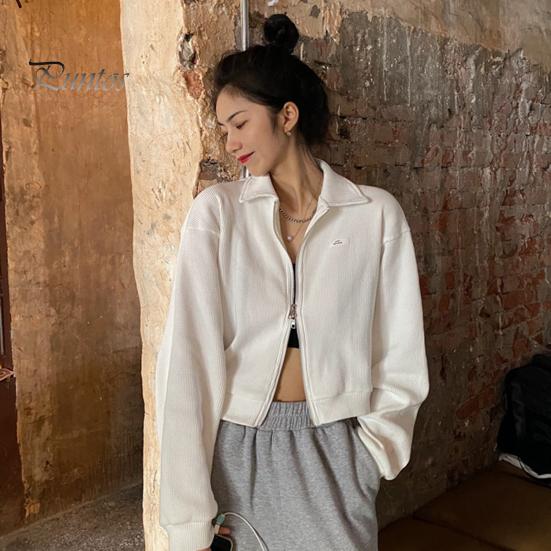 Cardigan Lapel Long Sleeves Zipper Closure Ribbed Women Coat Crop Spring Autumn Thin Solid Color Short Casual