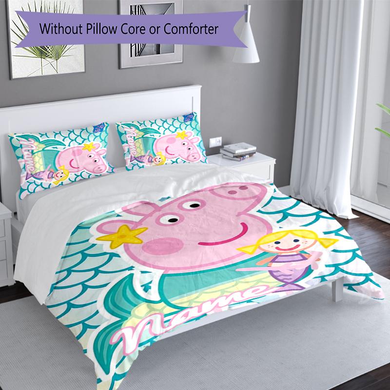3pcs Custom Name Peppa Pig Bedding Set,Includes 1 Duvet Cover and 2 Pillowcases,All-season Bedroom Decor