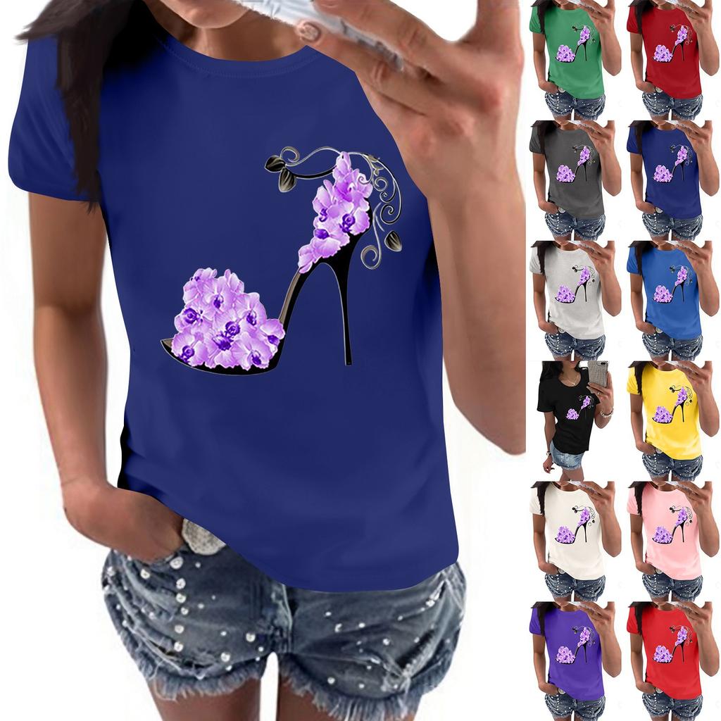 Women's Casual High Heels Floral Print Casual Short-sleeved T-shirt Pullover Round Neck Short-sleeved Top