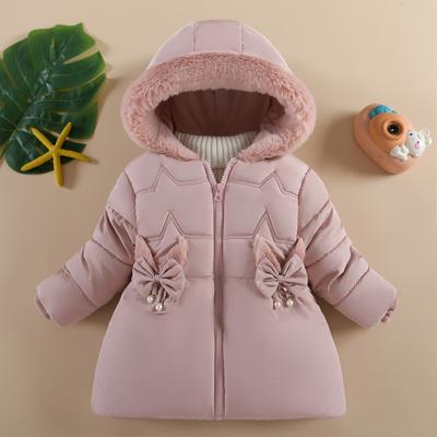 Chaqueta de Felpa para Bebé Niña Invierno Decoración de Lazo Forro de Lana de Cordero Abrigos Niños Cuello de Piel Capucha Grueso Traje de Nieve