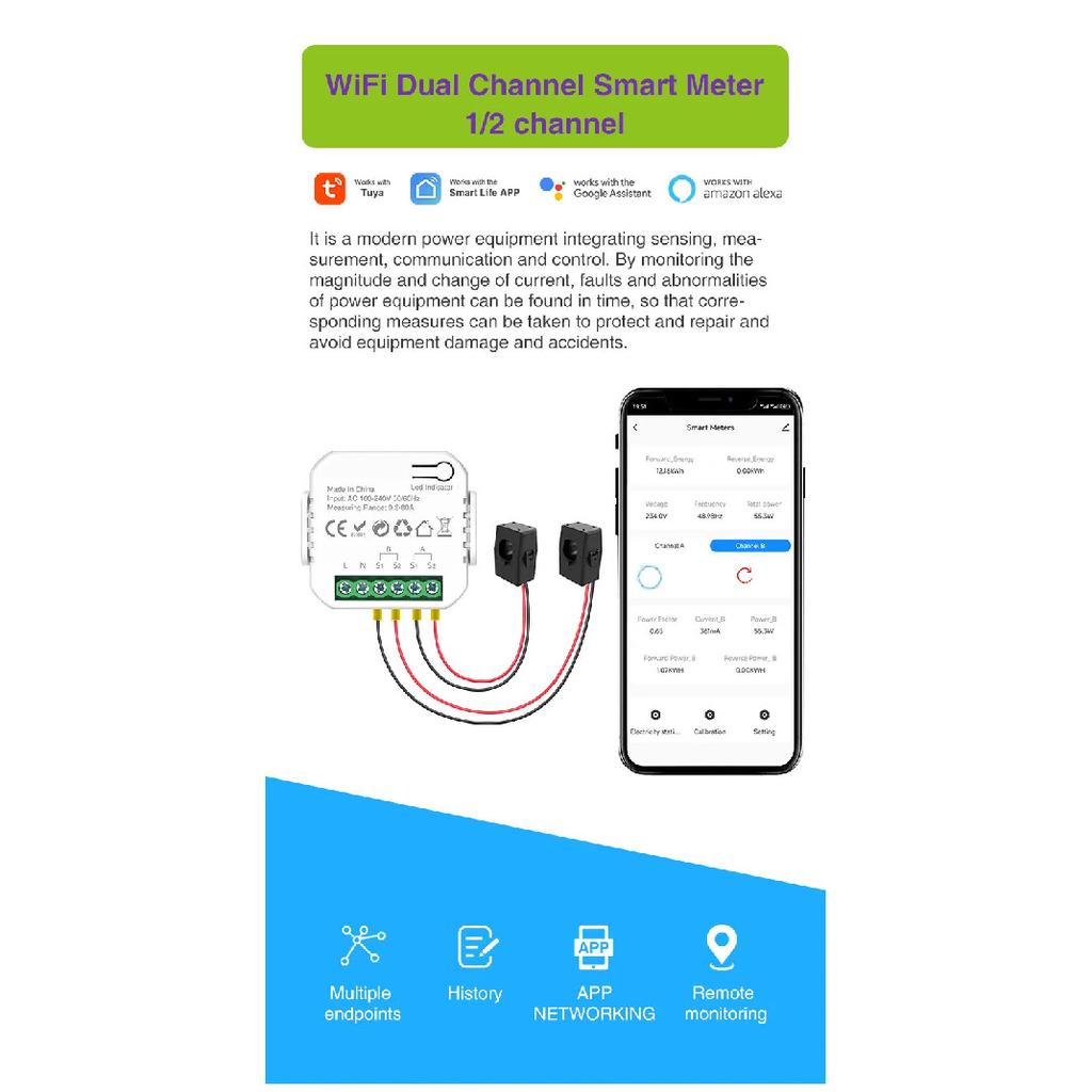 Smart New WiFi Energy Clamp Bidirectional Meter with Buzzer Alarm for Threshold App Monitor Export Import Power AC110V/240V
