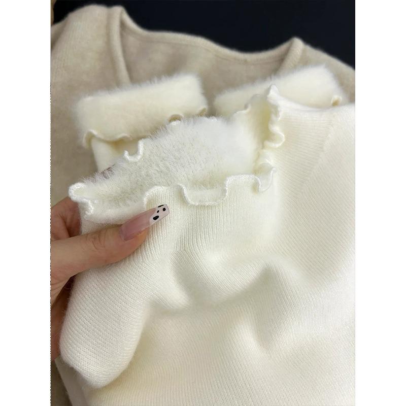 Semi-turtleneck sweater with women's winter fungus edge knitted sweater integrated fleece thickened simple top bottoming shirt