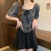 Checkered Short Sleeved Women's Tops French Retro Square Neck Lace Up Blouse Sweet Versatile Ladies Clothing