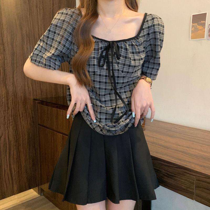 Checkered Short Sleeved Women's Tops French Retro Square Neck Lace Up Blouse Sweet Versatile Ladies Clothing