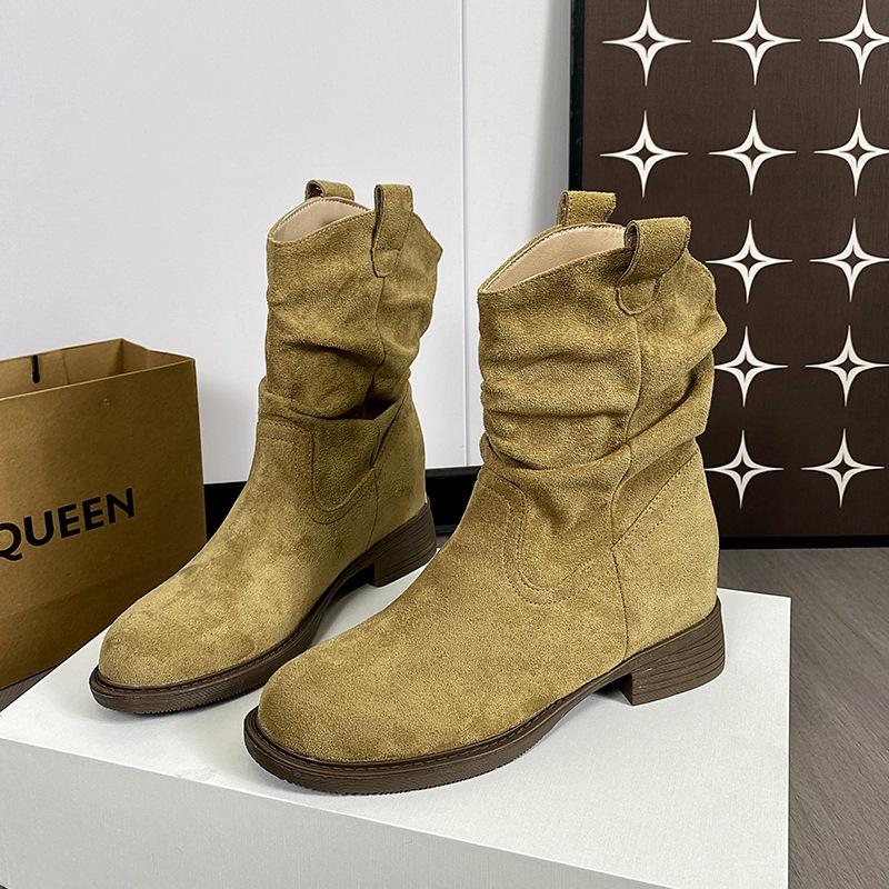 Vintage single boots low heel pile boots women's 2025 new autumn matte western cowboy short boots medium tube Martin boots