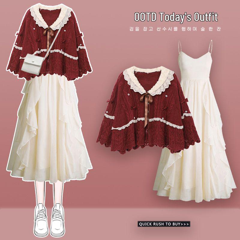 Женский рождественский красный свитер и платье-комбинация - Облегающий двухпредметный осенне-зимний наряд XL (121-140 lbs)