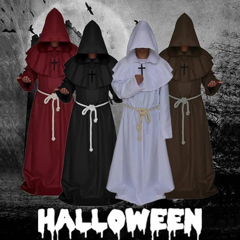 New Halloween Wizard Costume Cosplay Medieval Hooded Robe Costume Monk Friar Robes Priest Costume Ancient Clothing Festival Suit