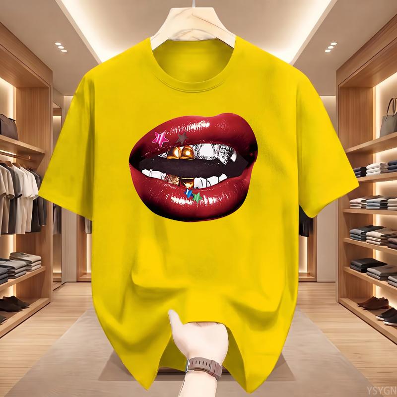 American Personalized Lip Pattern Pure Cotton Printed Unisexs And Unisexs Clothing Summer New Casual Loose Fashion Tshirt