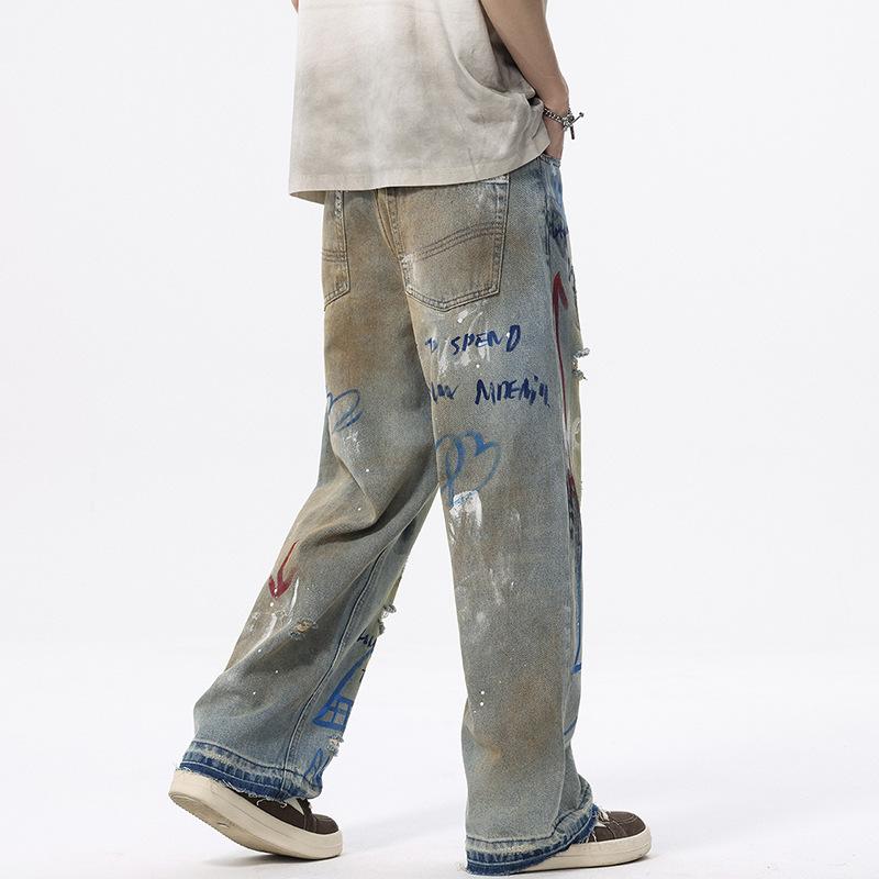 New American Street Graffiti Ripped Painted Jeans Men's Straight Loose Wide Legs
