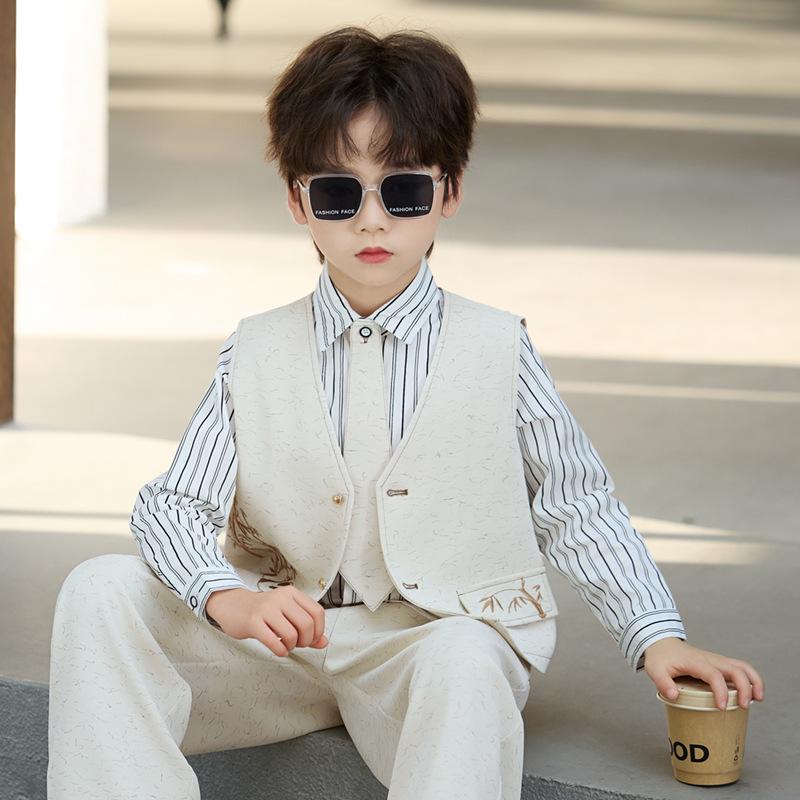 Spring Embroidered Hanfu Vest Set for Boys - Traditional Style Recitation & Performance Outfit