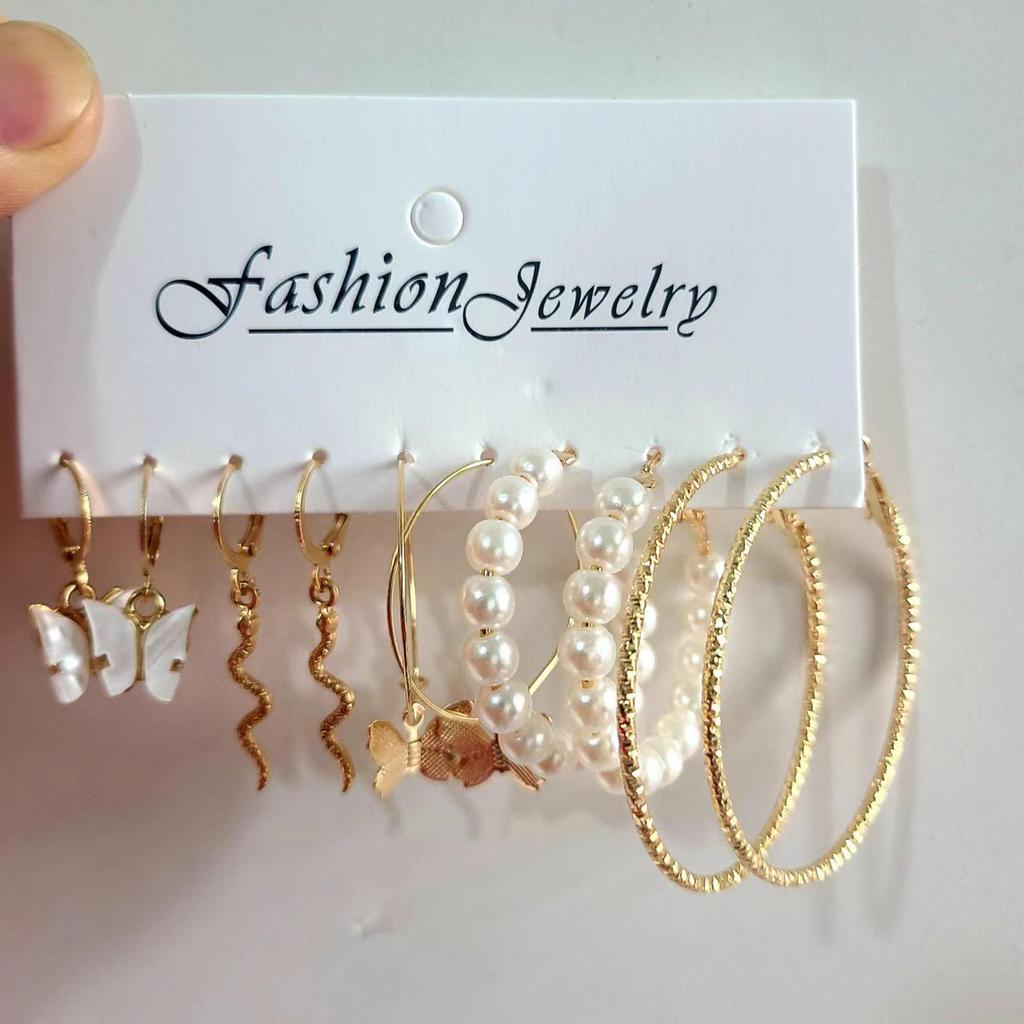 Gold-Pearl Punk Hoop Earrings Set for Women