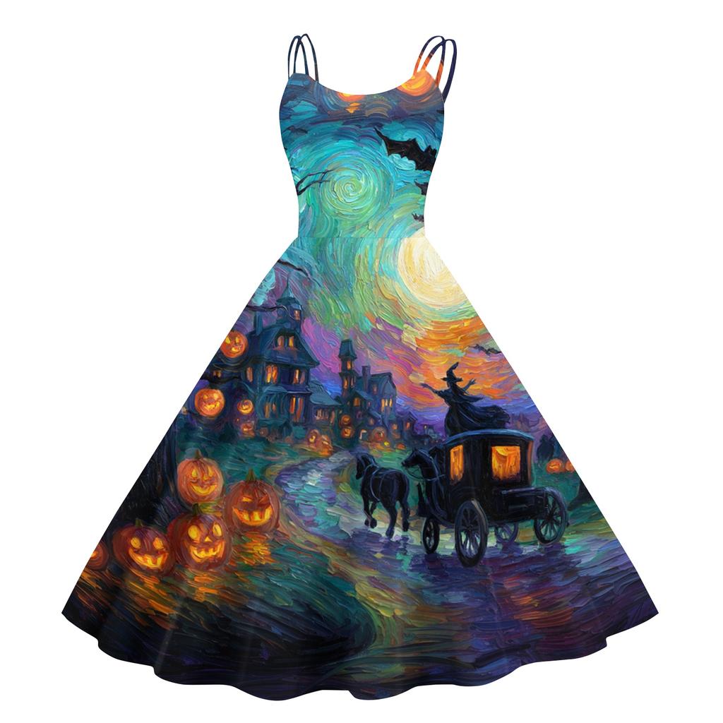 Women Halloween Print Off Shoulder Punk Vintage Dress Sleeveless Spaghetti Strap Fit and Flare Midi Dress for Party