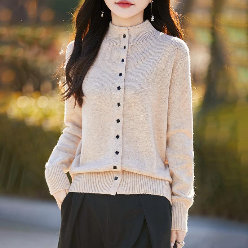 Autumn Winter Half High Collar Solid Single Breasted Cardigan Knitting Top Women Casual Fashion Sweater Coat