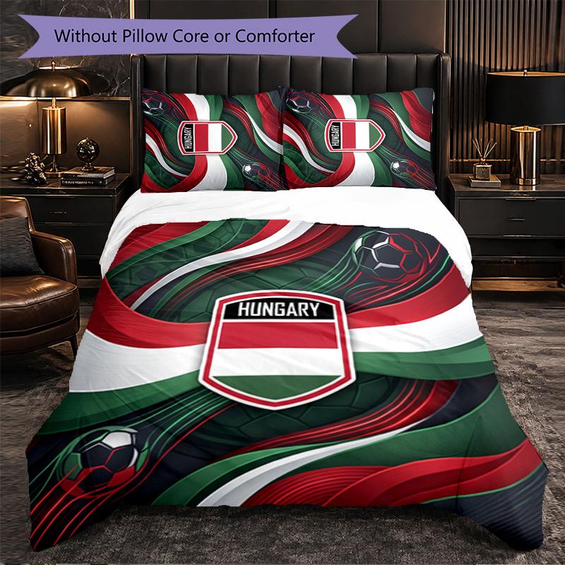 Hungary Football Pattern 3 Pieces Bedding Set Soft Microfiber Duvet Cover with Pillow Cases for Bedroom