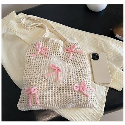 Ladies Beach Bags Vintage Hollow Bow Design Woven Shoulder Handbag Knitting Large Capacity Handbags Summer Travel Shopper Tote