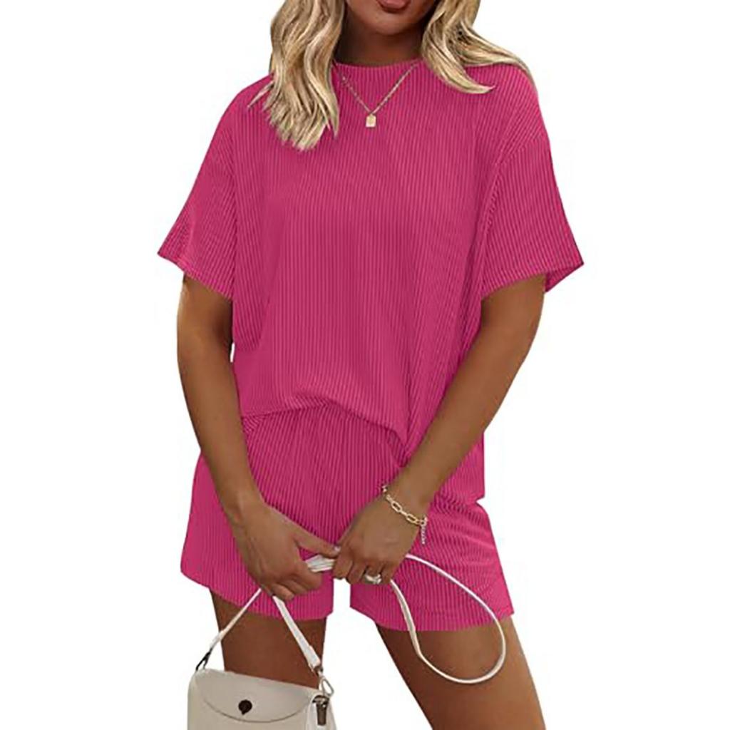 Stylish Striped Color-blocked Short-sleeved Loungewear Set For Women, Suitable For Wearing Outside.