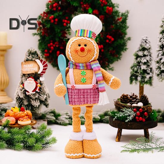 Christmas Gingerbread Doll Ornaments Extendable Leg Plush Doll with Scarf Stuffed Cooking Gingerbread Figure for Christmas Tree Fireplace Decor