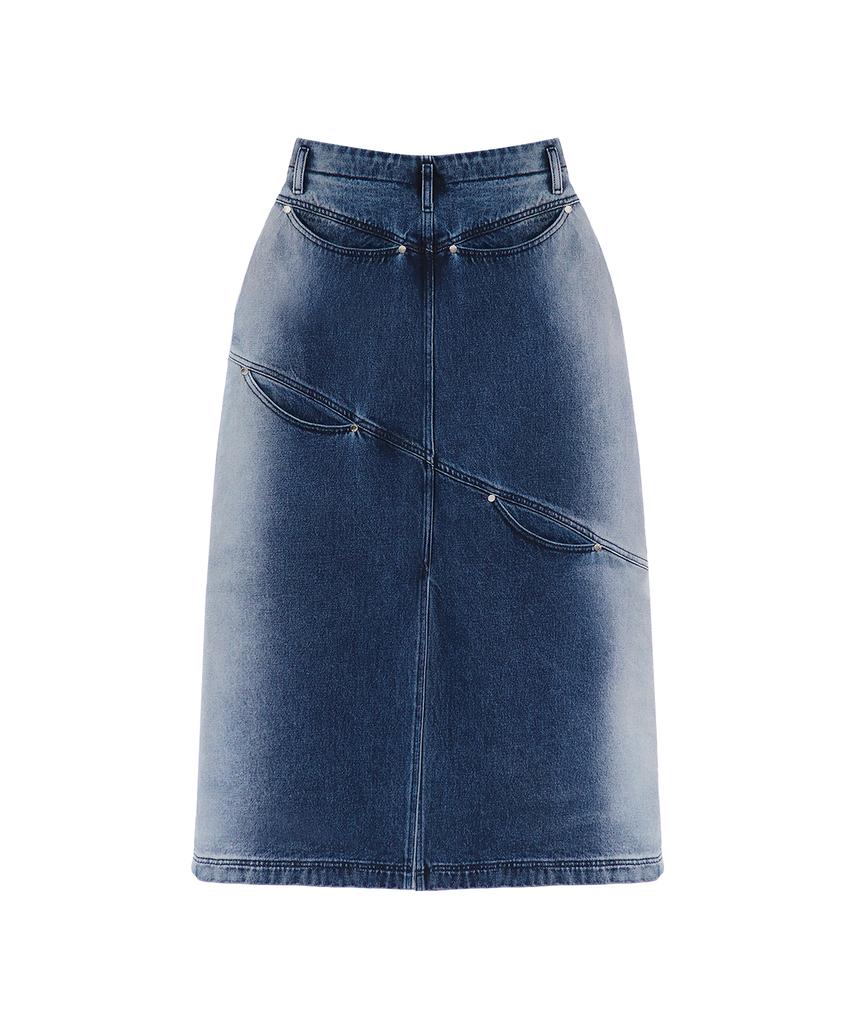 Teulimingbeodeu Curved Pocket Cut Denim Skirt [ Blue ]