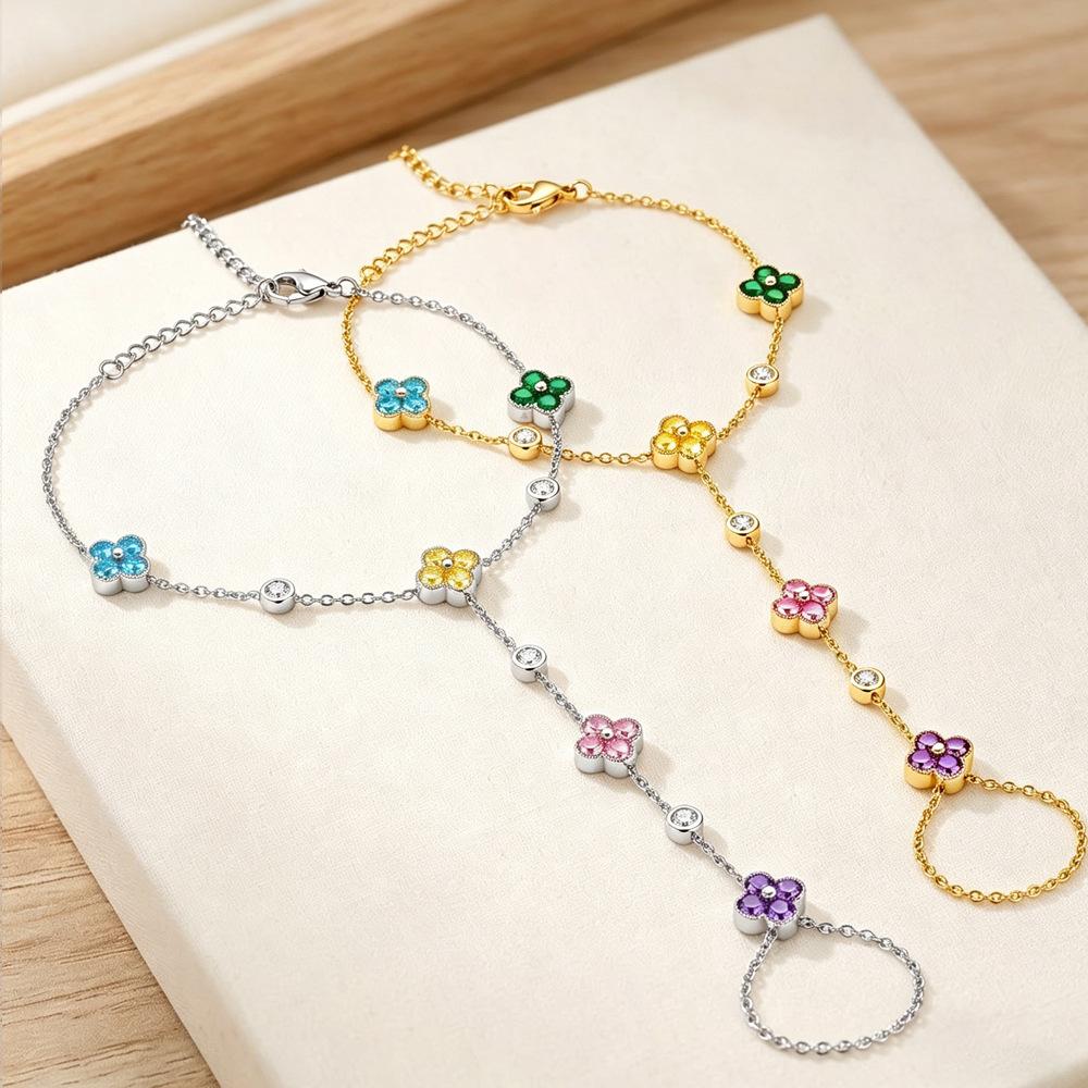 Novirassine Stainless Steel Hand Chain Slave Bracelet Colorful Zirconia Clover Finger Ring Bracelet Boho Aesthetic Party Jewelry