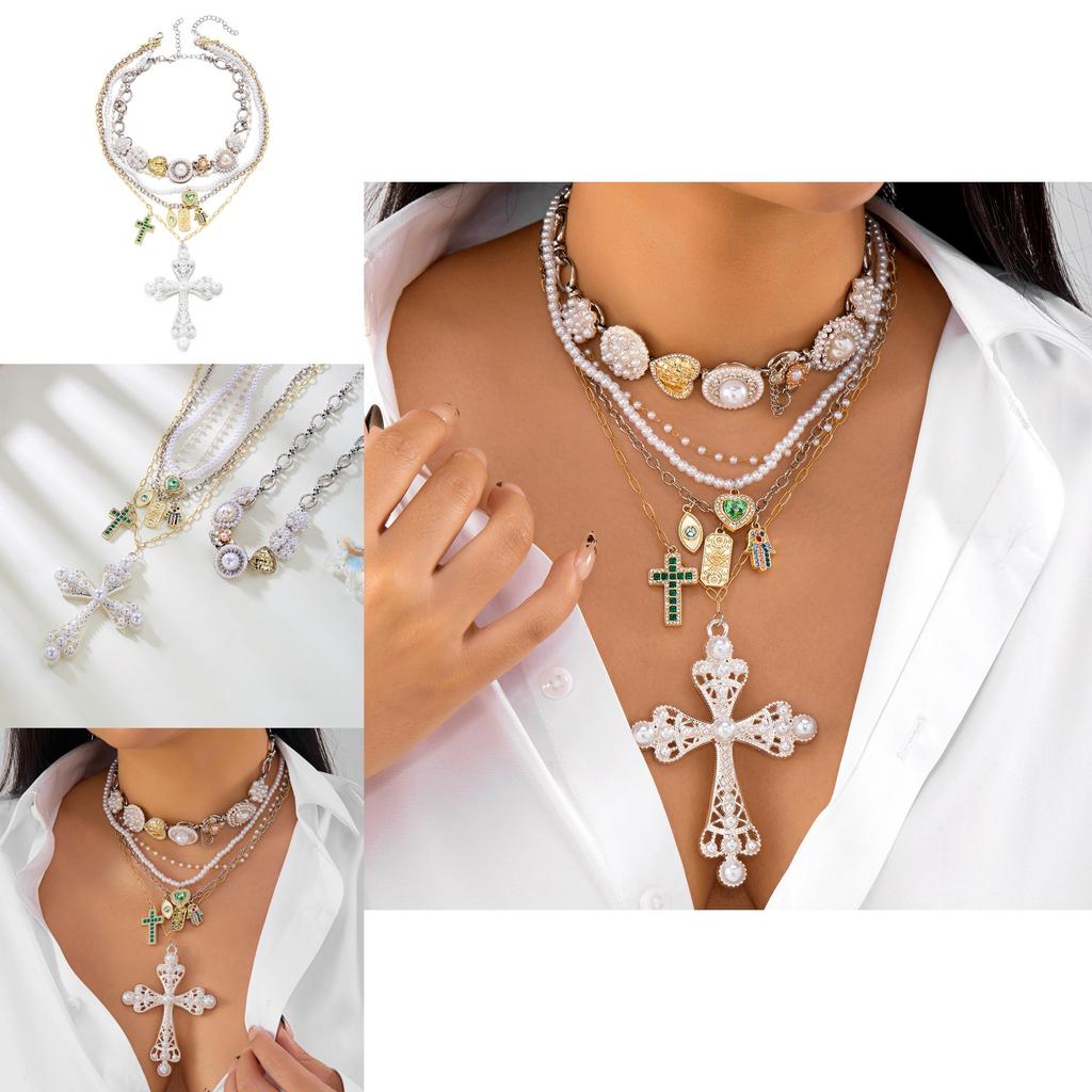 Style Layered Cross Pendant Necklace With Rhinestone Embellishments For Women