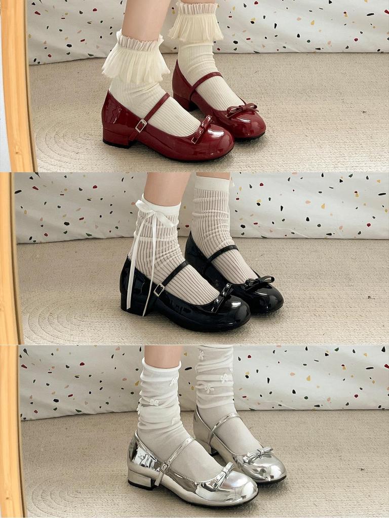 Damen Mary Jane Schuhe mit niedrigem Absatz, Frühling/Herbst 2026, Französischer Stil, Vielseitige weiche Sohle mit Schleife, Leder.