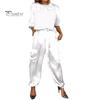 Set di 2 pantaloni da donna in raso con maniche a tre quarti in raso o collo con lacci in vita tinta unita morbido traspirante tasche casual camicetta ampia pantaloni set