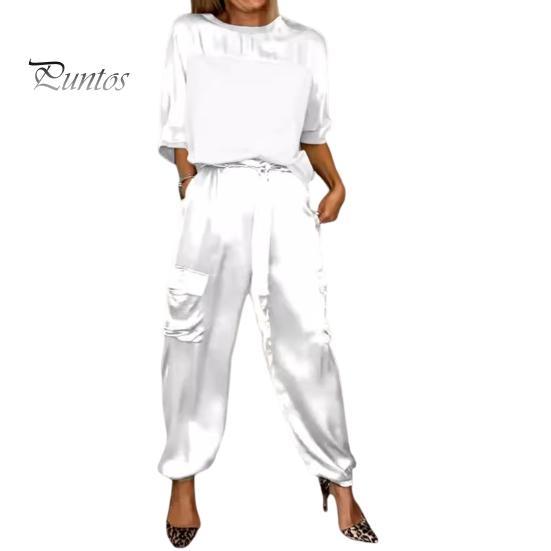 Set di 2 pantaloni da donna in raso con maniche a tre quarti in raso o collo con lacci in vita tinta unita morbido traspirante tasche casual camicetta ampia pantaloni set