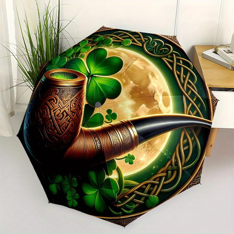 

Irish Clover Moon Pipe Ornament: Celtic Decor with Shamrock Motif Umbrella, Cute Umbrella with Cute Design, Portable 3-Fold Compact Umbrella for Men &